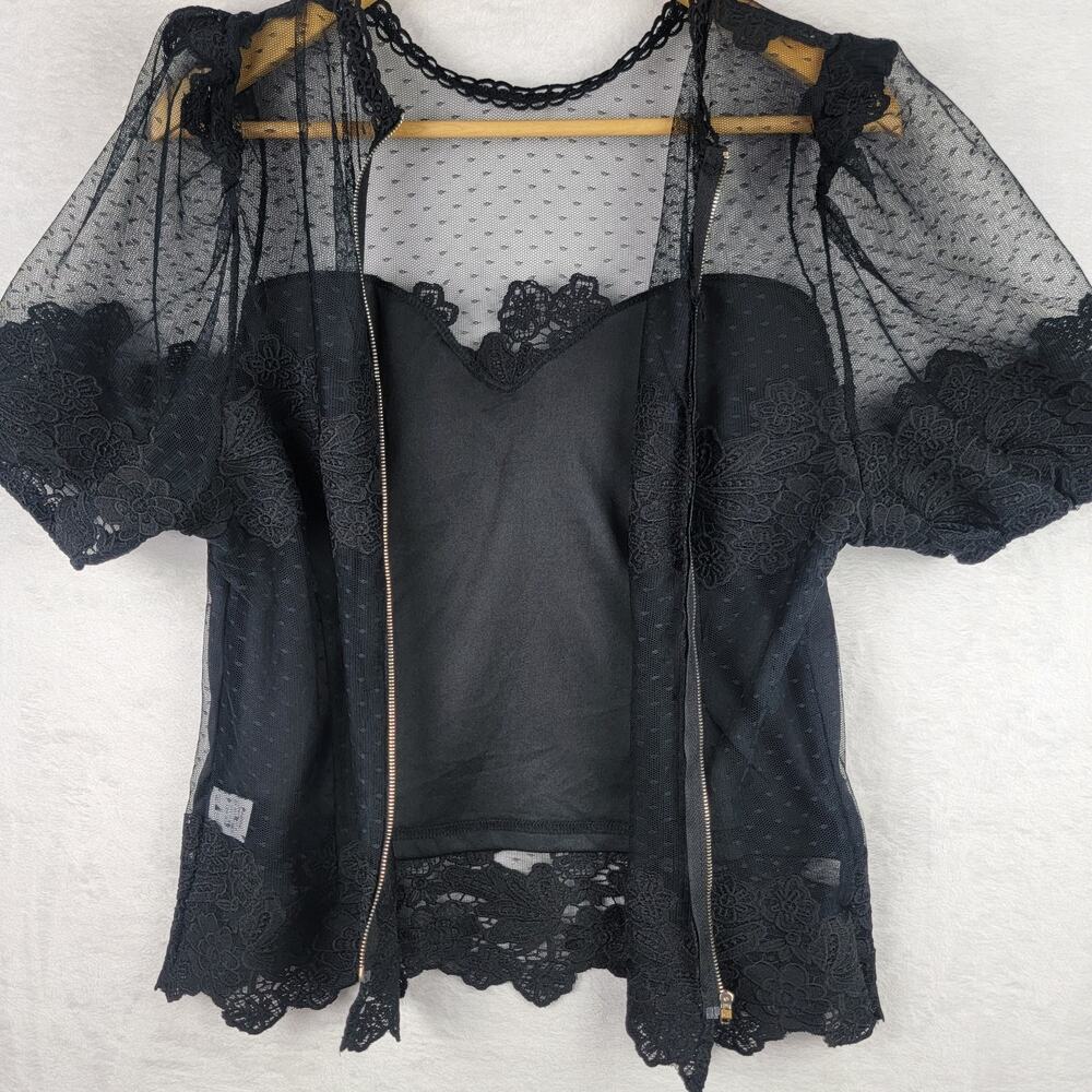Goth Large Women Crop Top Knit Black Lace Overlay Bustier Short Sleeve Grunge - Picture 10 of 14